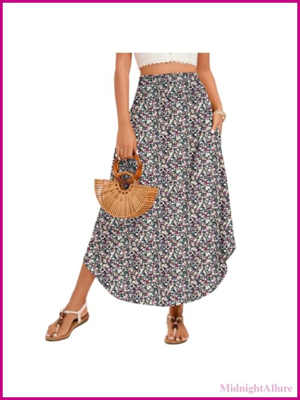 Boho Floral Flowy Maxi Skirt with Pockets, Smocked High Waisted, 95% Viscose 5%